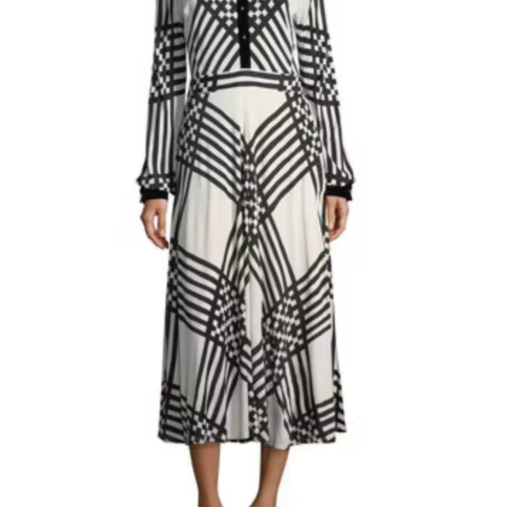 Tory Burch Black and White Long Sleeve Geometric Midi Dress